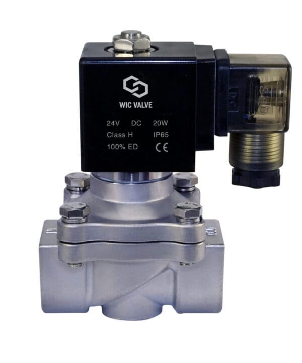 A 3/4" Inch Zero Differential Stainless Electric Solenoid Valve on a white background.