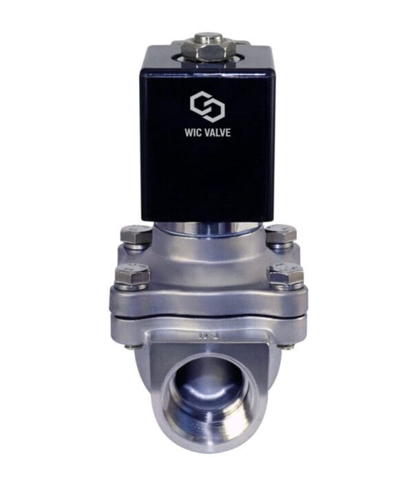A 3/4" Inch Zero Differential Stainless Electric Solenoid Valve on a white background with a Viton seal.
